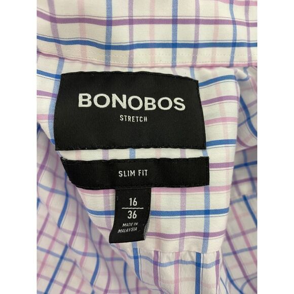 Bonobos Button-Down Shirt Pink and Blue Check Slim Fit Stretch - Size 16 * 36 - Picture 7 of 8